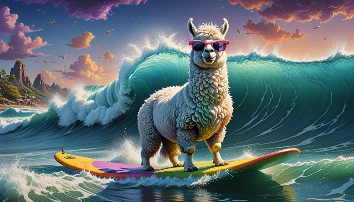Ethereal Llama Surfer in Vibrant Waves