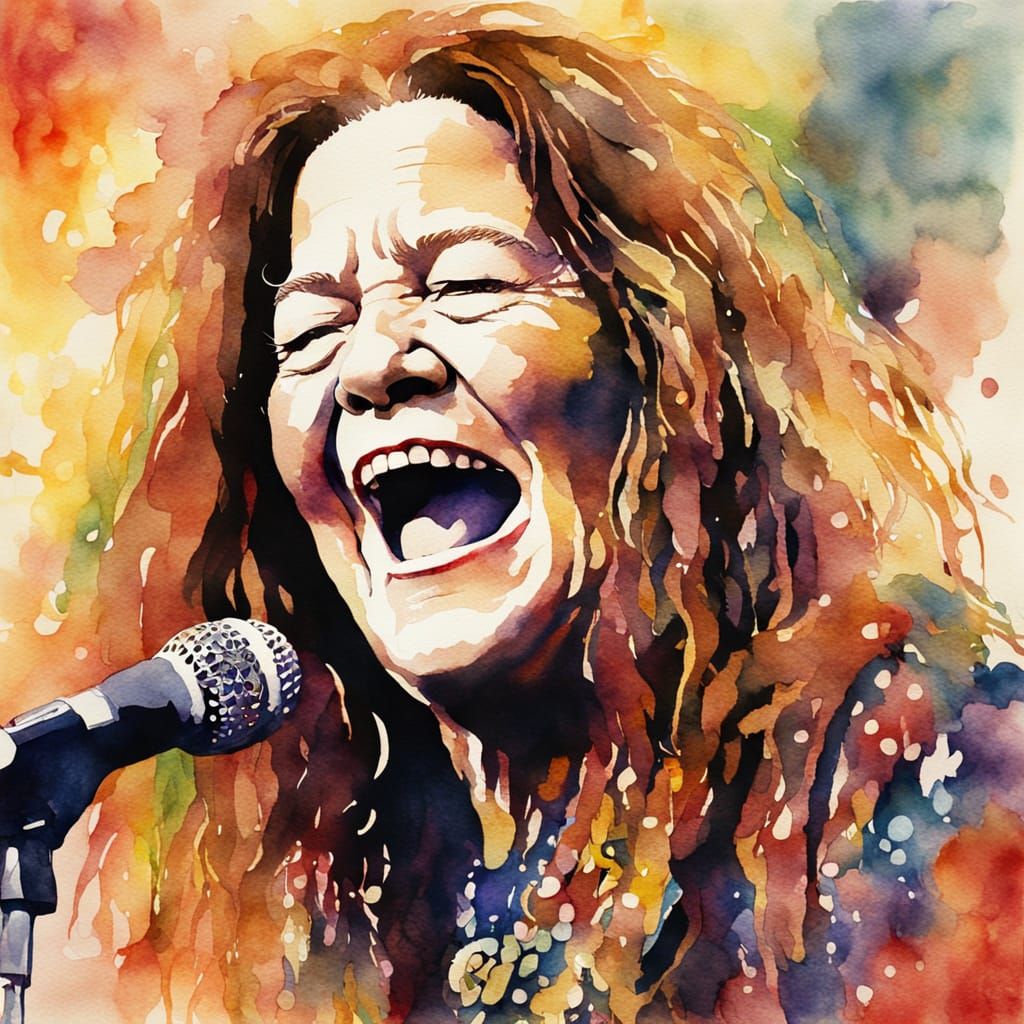 Janis Joplin Singing On Stage in Watercolour