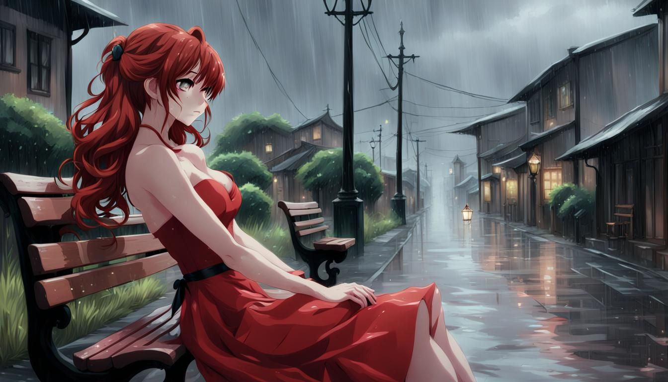 Anime Girl Crying in the Rain on a Bench