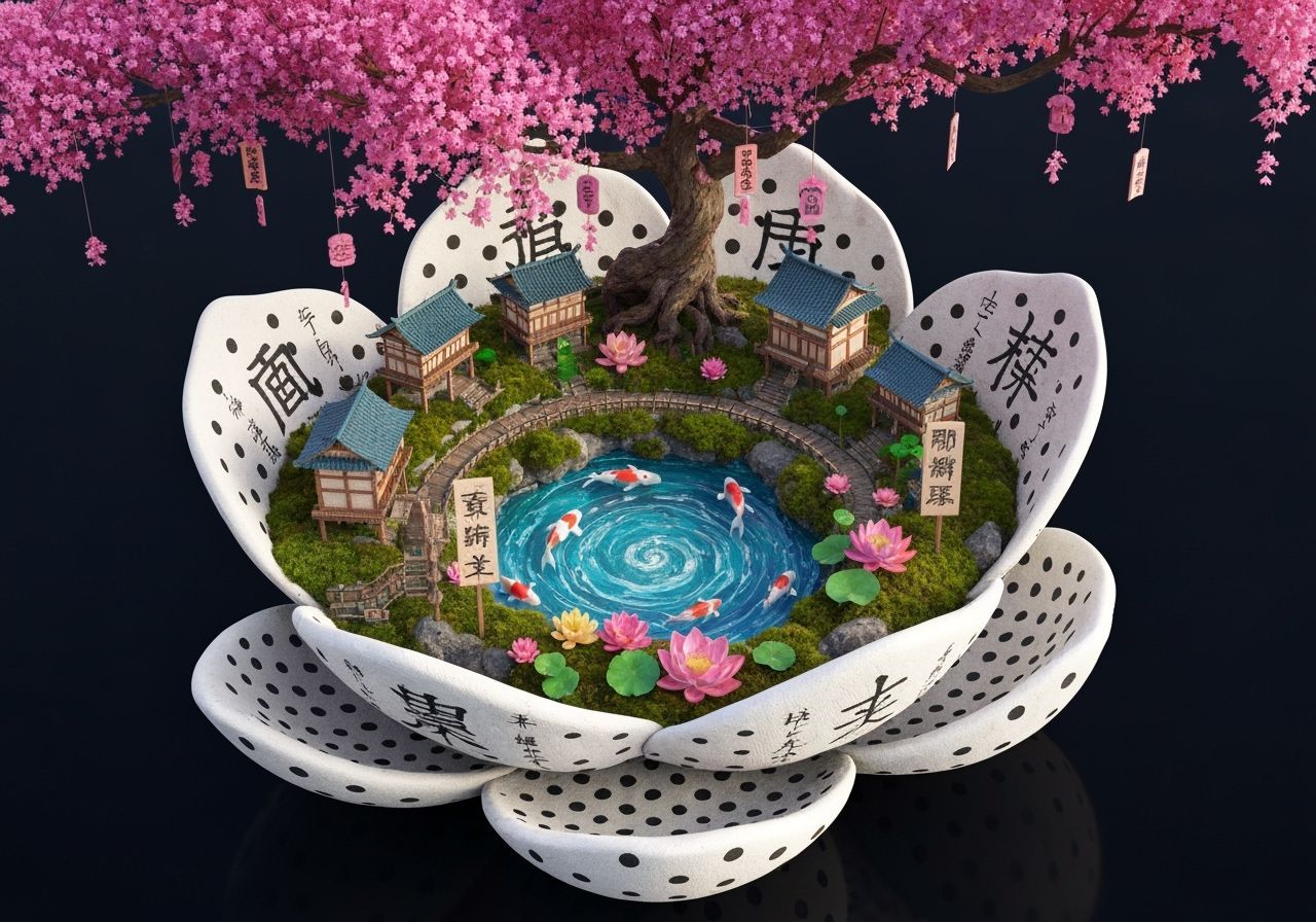 Miniature Japanese Village Inside Polka Dot Flower