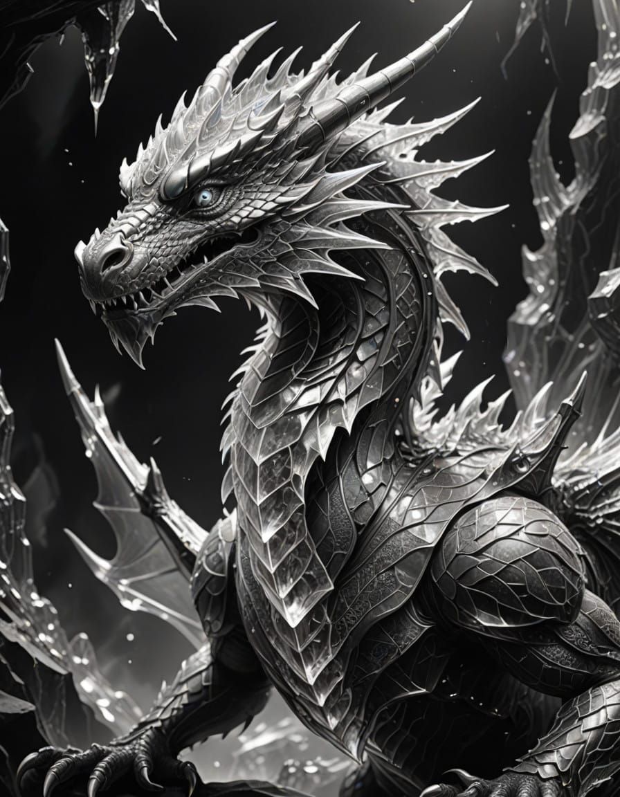 Surreal Crystal Dragon in Intricate Black and White Sketch