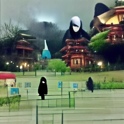 Dark Hooded Figure Gliding Near Temple: Ghibli Anime