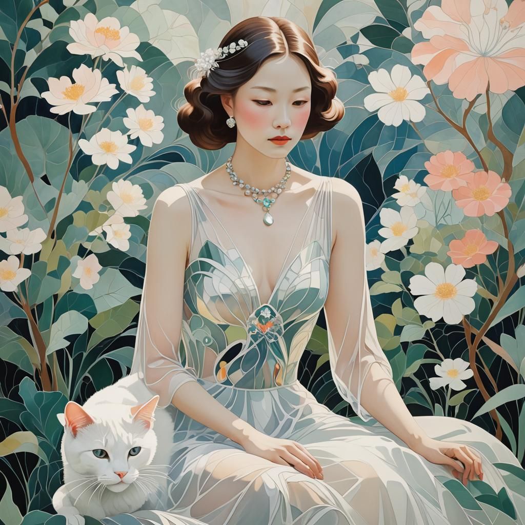 Elegant Lady with Cat in Art Nouveau Style