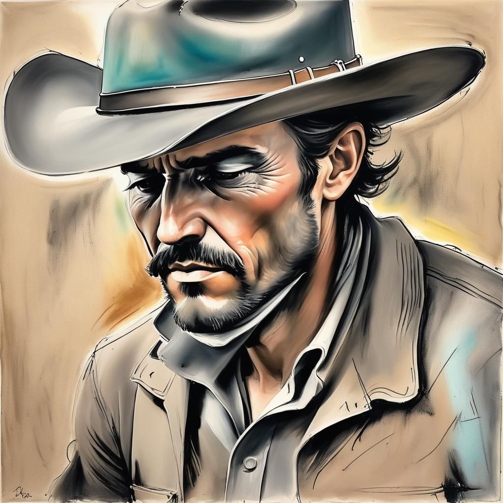 Mysterious Cowboy in Charcoal and Pastel Art