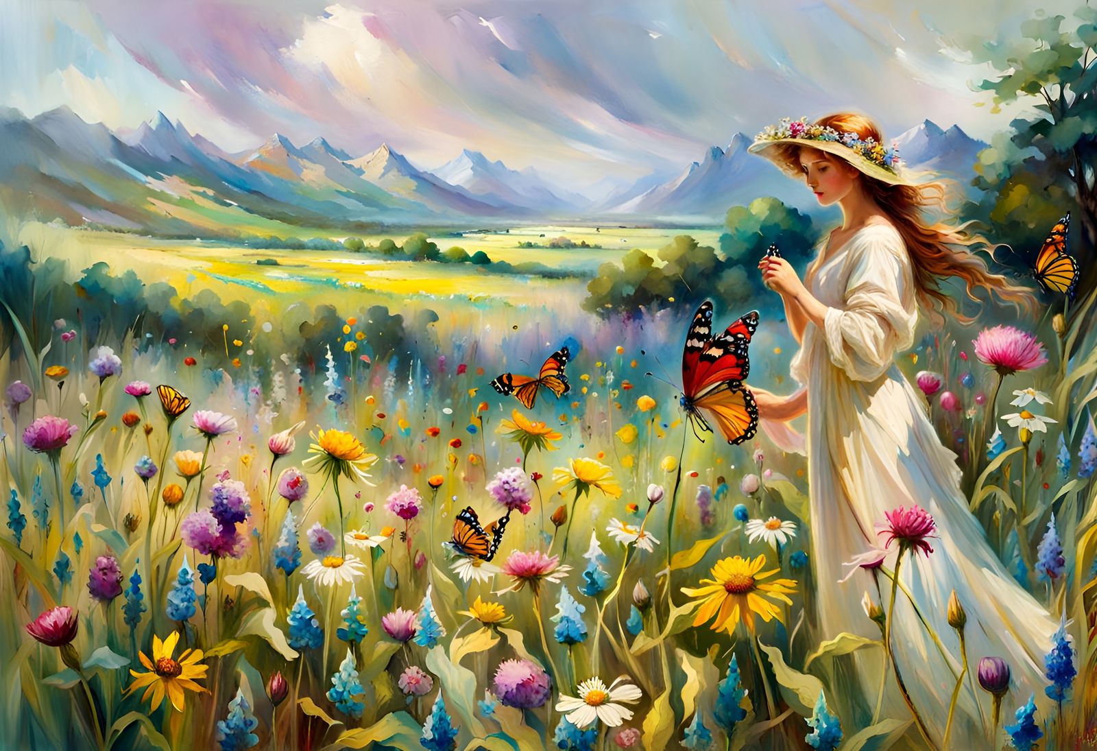 Enchanting Flower Meadow with Butterflies in Morning Light