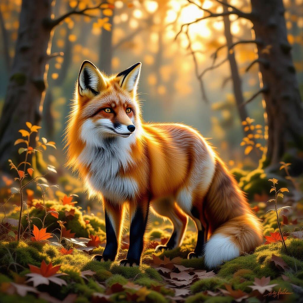 Red Fox in Sunlit Forest Clearing Oil Painting