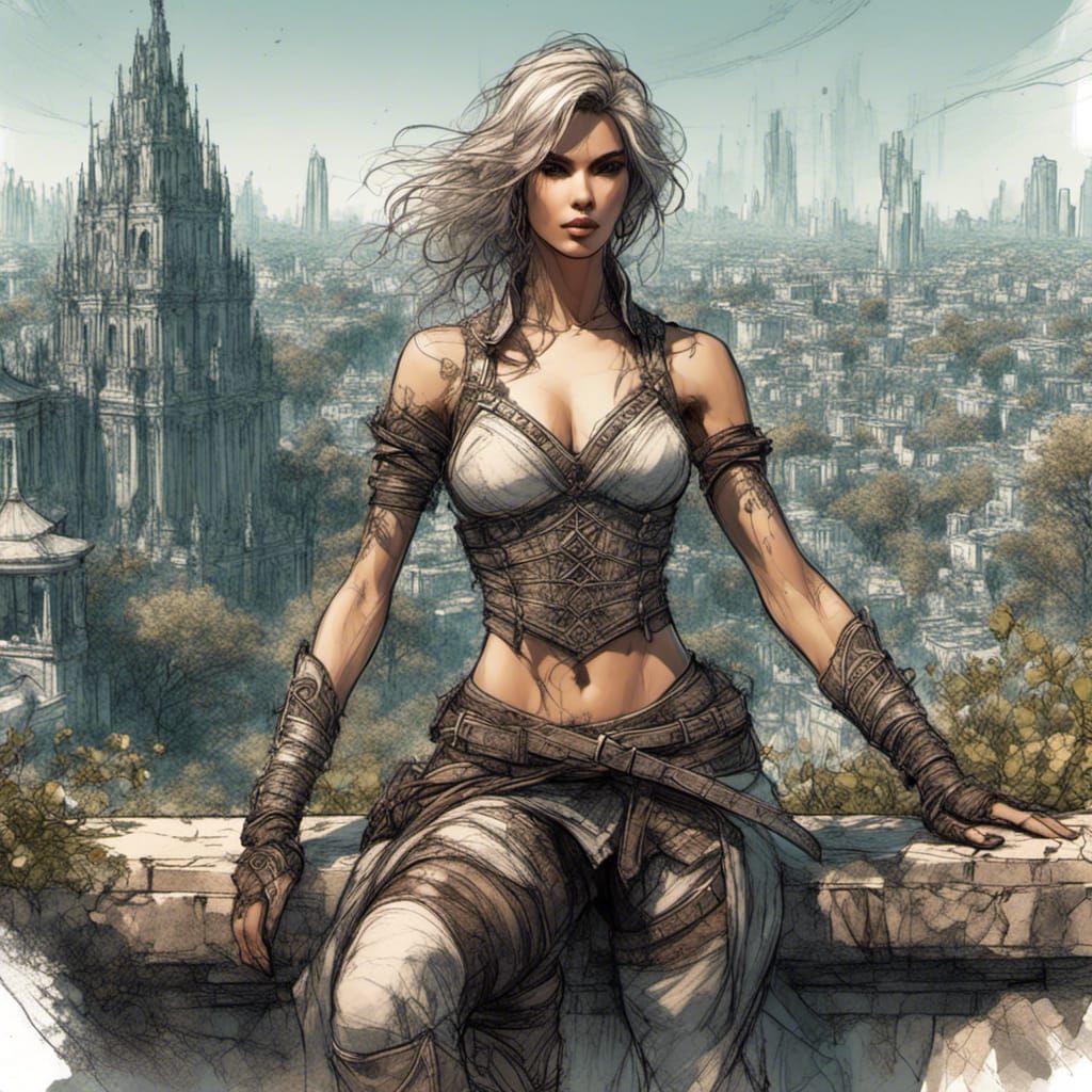 Fantasy Warrior Woman in Overgrown Cityscape Sketch