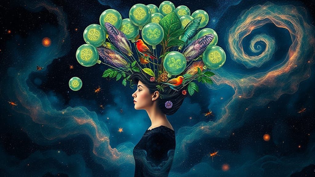 Bio-Art Collage: Woman with Rainforest Hair and Balloons