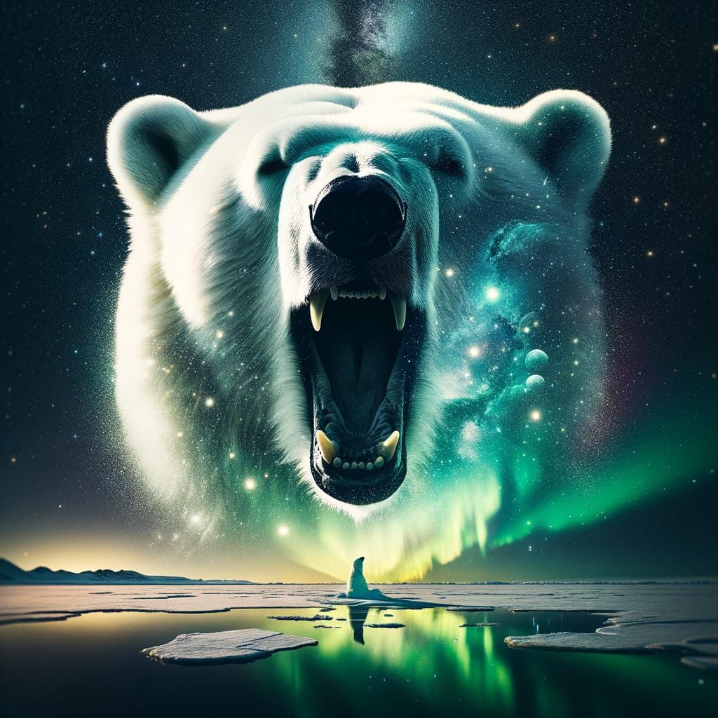 Create a digital double exposure image that captures the silhouette of a polar bear head with its mouth wide open lookin...