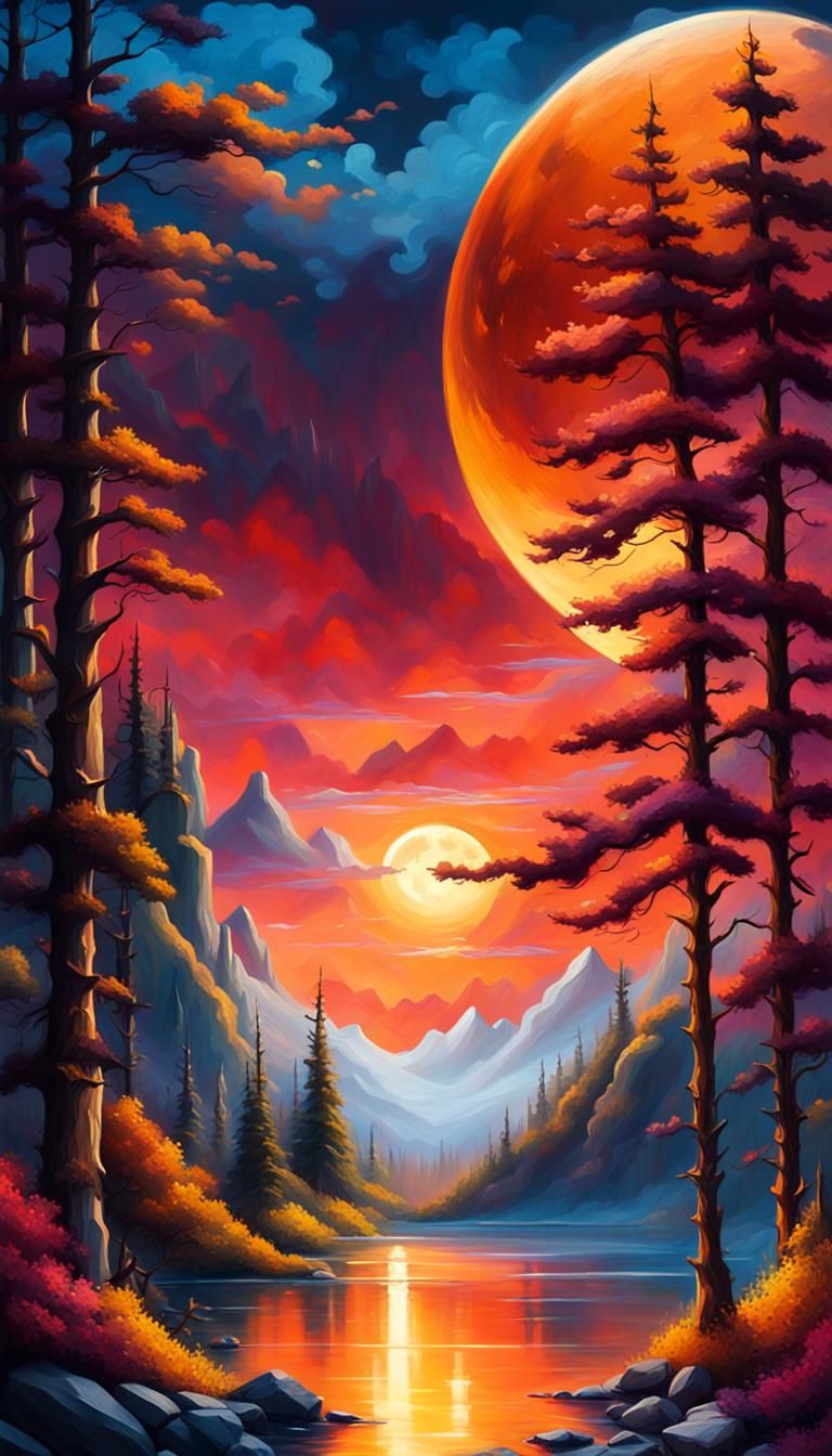 Dreamlike fantasy landscape. Wide angle shot. Mystical mountains under a red sky with a yellow moon