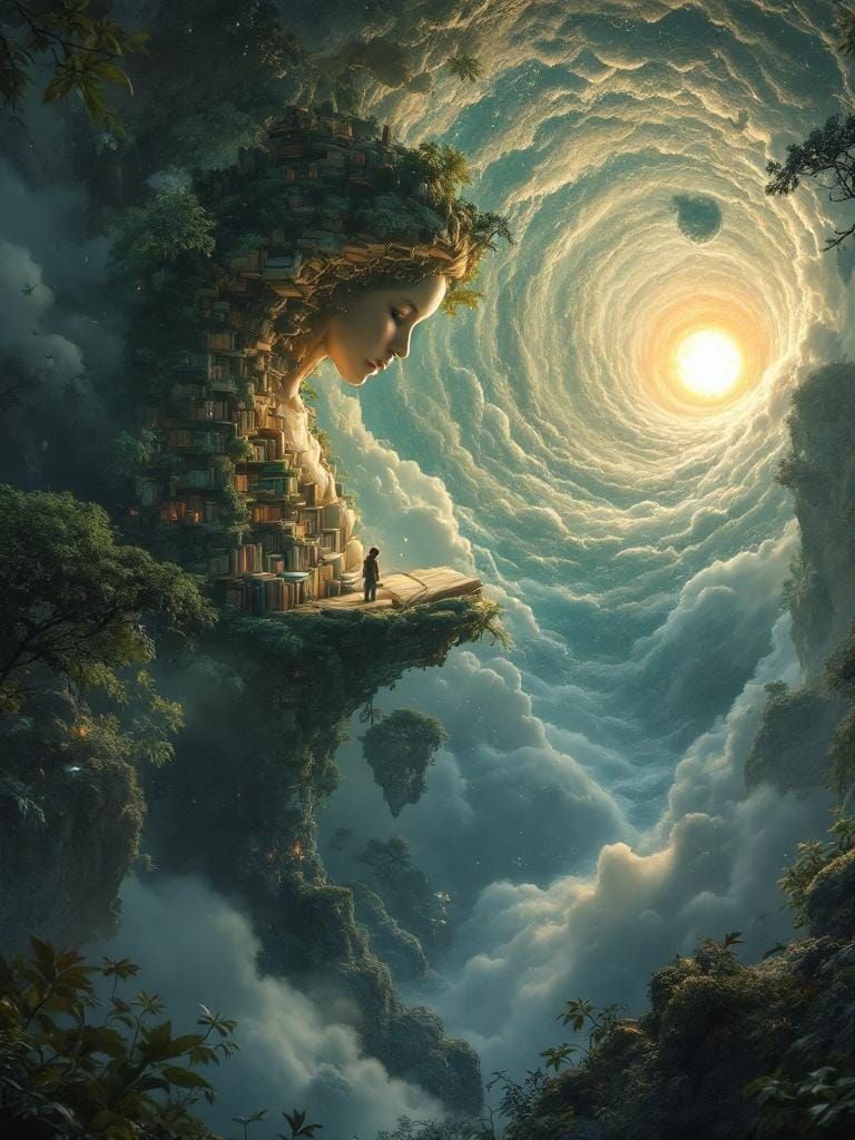 Cosy Floating Cubby in an Eternal Library Under Profoundly L...