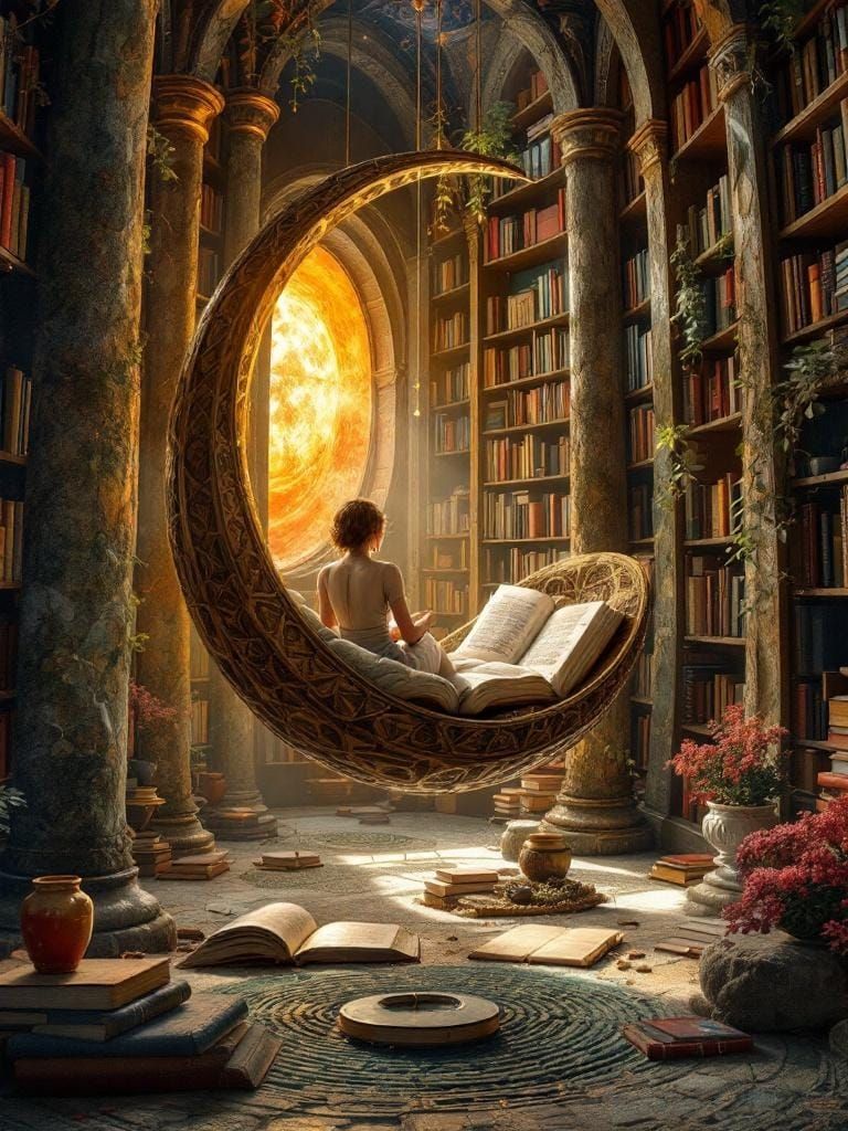 Cosy Floating Cubby in an Eternal Library Under Profoundly L...