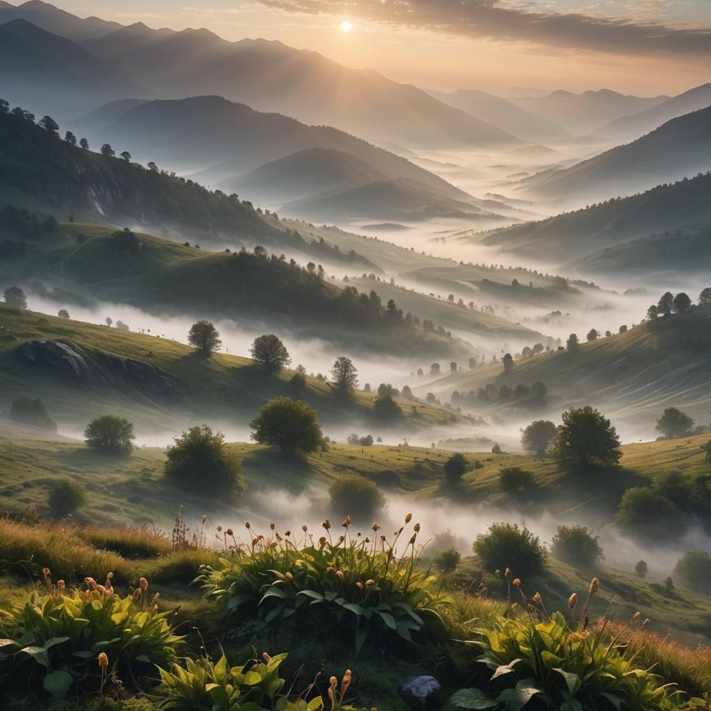 Dreamy Mountain Landscape at Sunrise