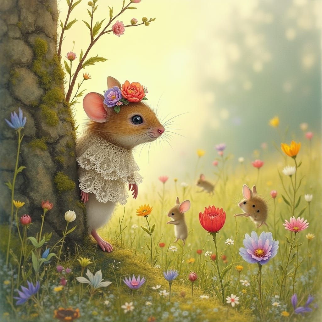 Timid Mouse in Flower Crown Watches Meadow Dance