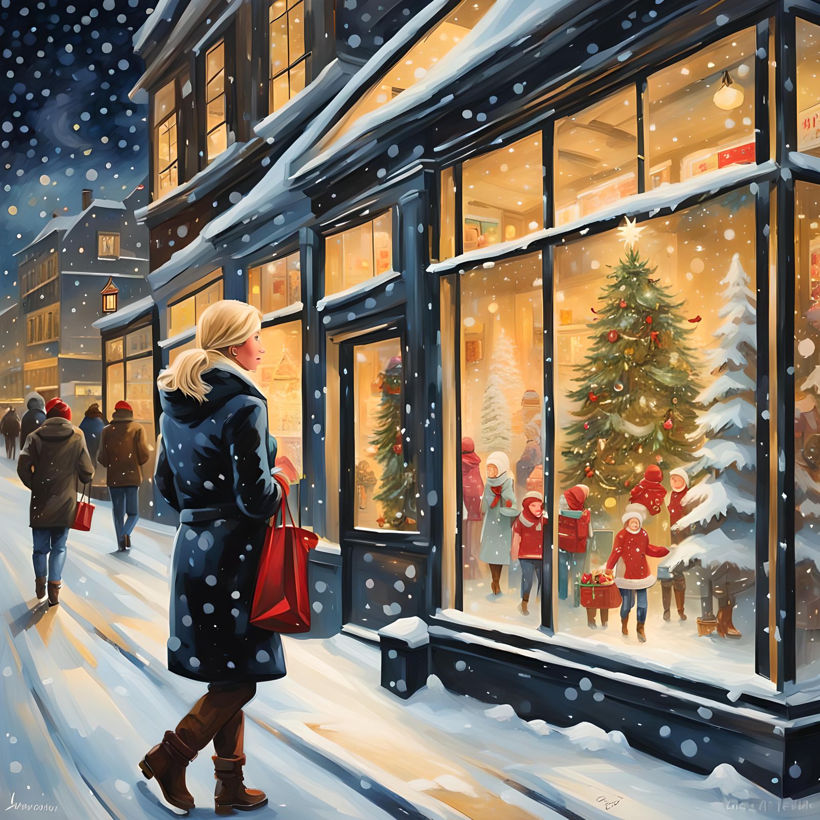 Festive Christmas Window Reflection in Oil Painting Style