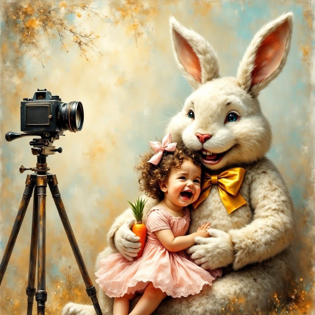 Ethereal Easter Bunny Comforts a Tearful Toddler