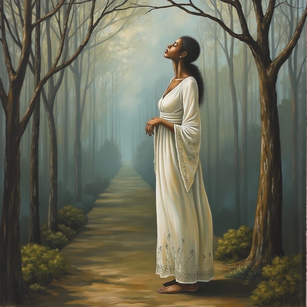 Woman at Forest Edge in Ethereal Landscape