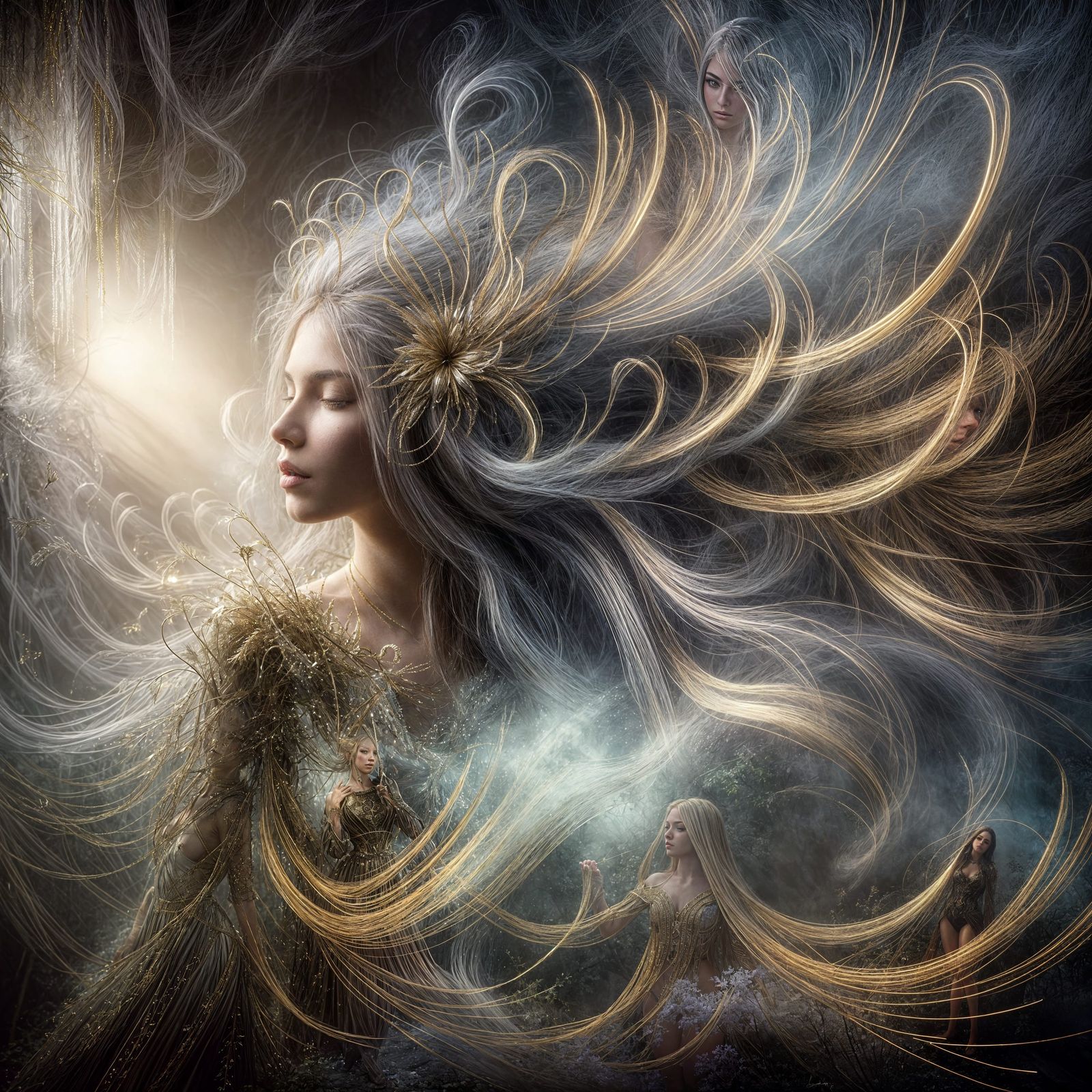 Ethereal Girl with Golden Needle Hair in Romantic Style