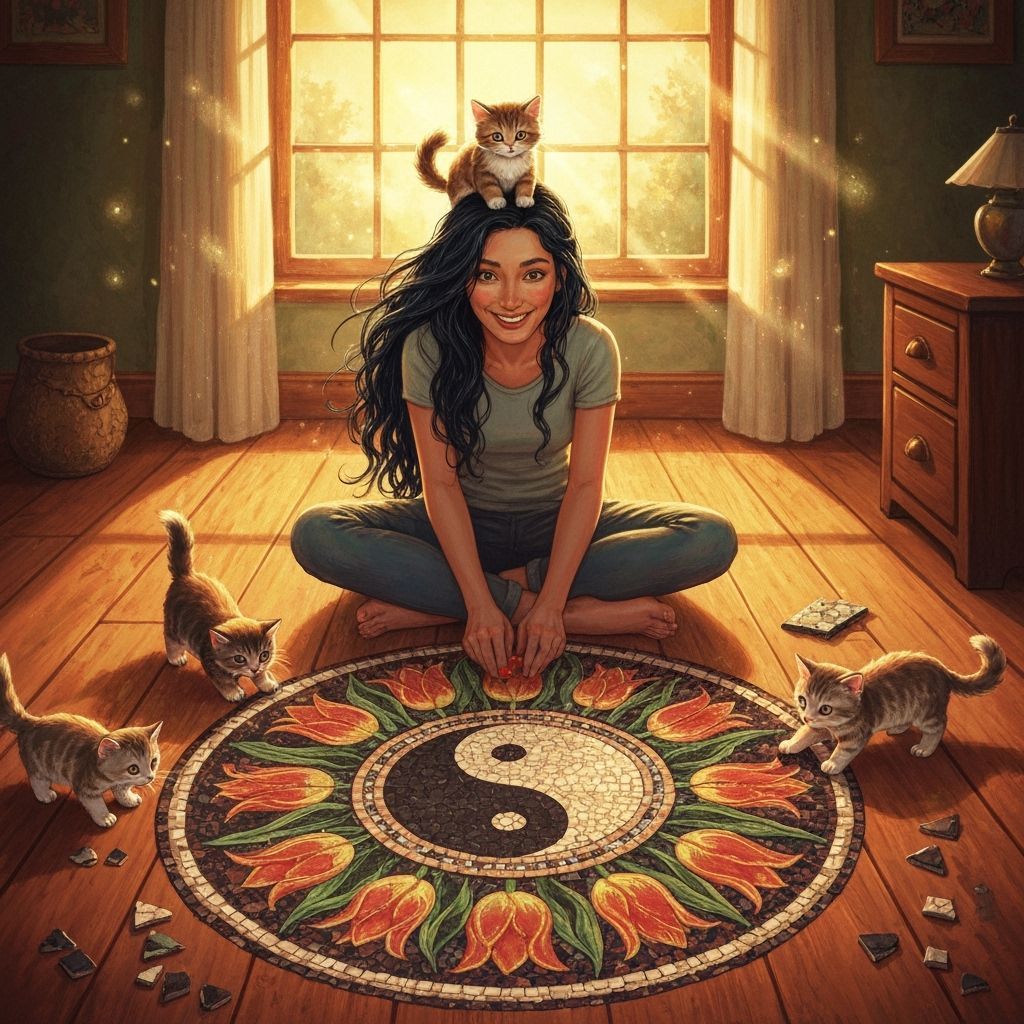 Woman Creates Floor Mosaic With Kitten On Head