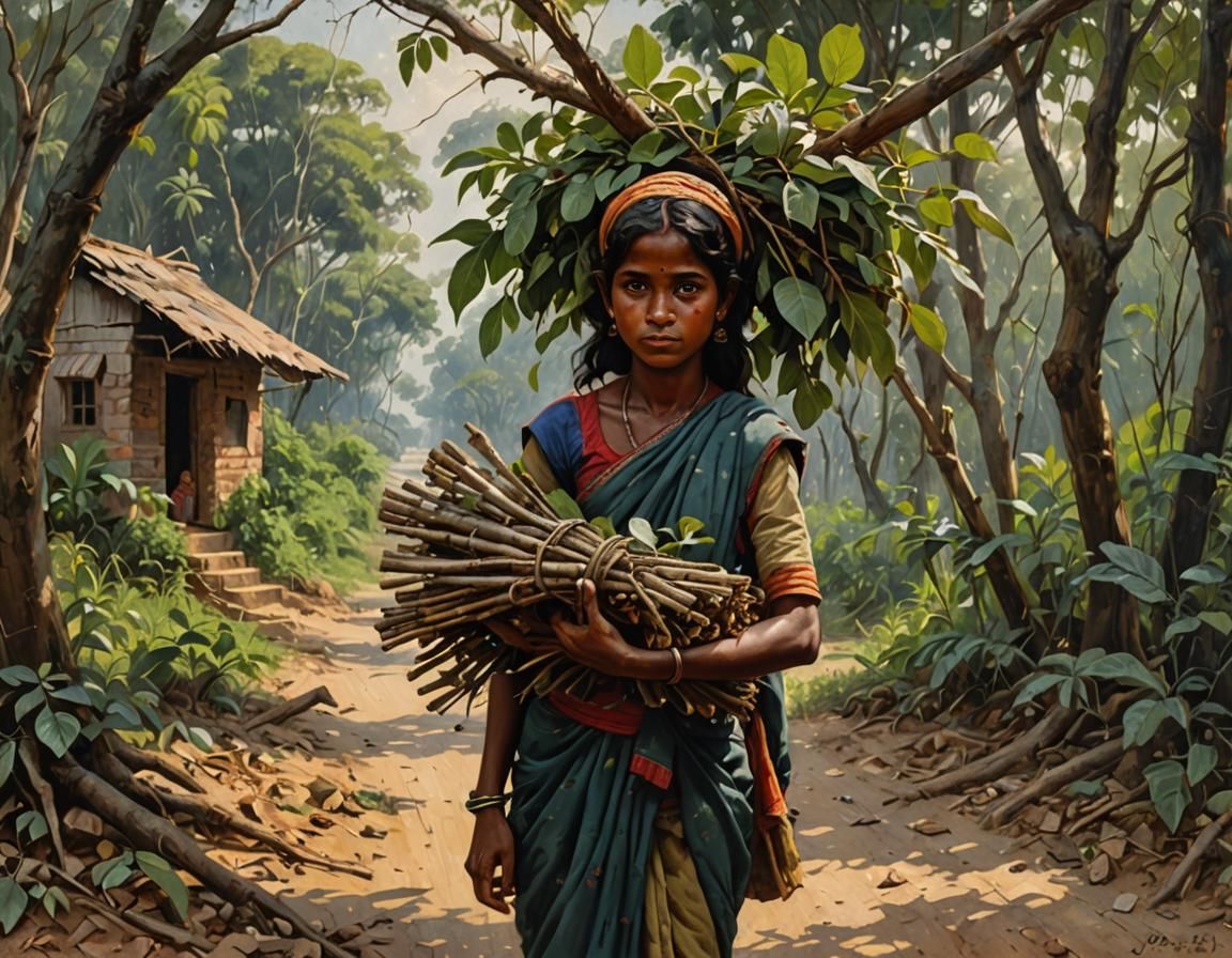 Indian Girl Carrying Branches, Oil Painting