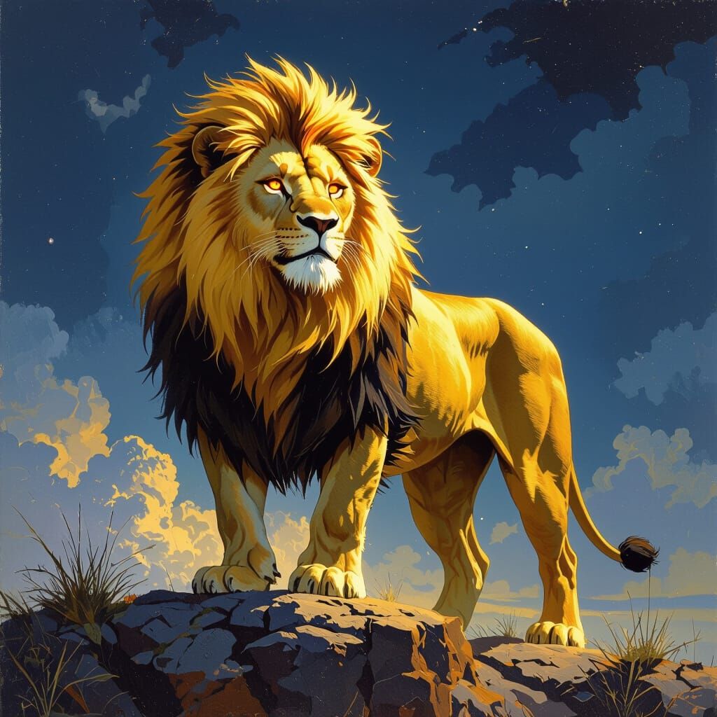 Majestic Lion on Cliff at Night in Fantasy Art Style