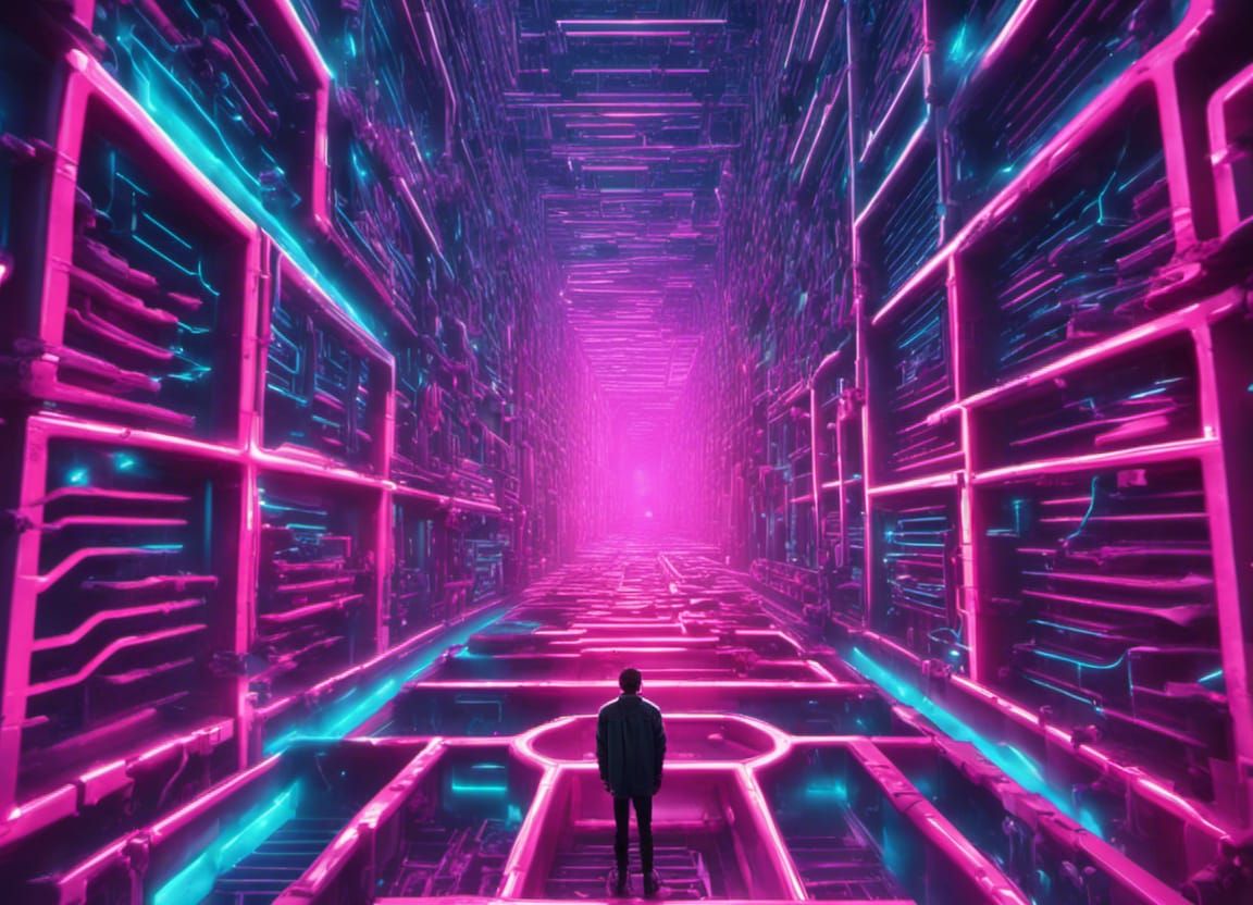 Man Lost in Microchip Maze: Synthwave Art