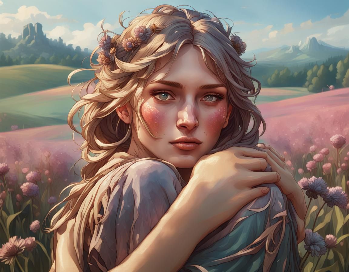 Woman Embracing Herself in Field: Detailed Portrait