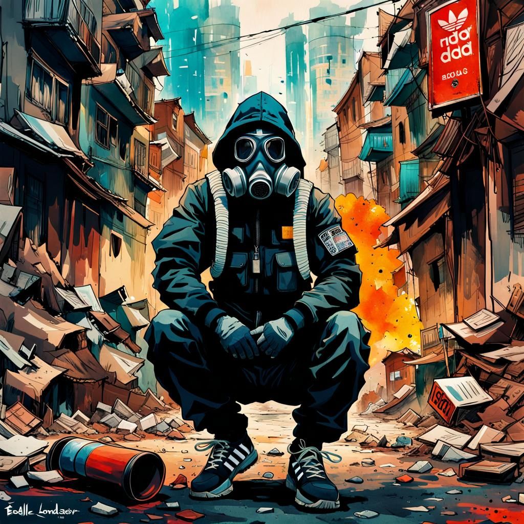 Soldier in Gas Mask Squatting in Decayed City