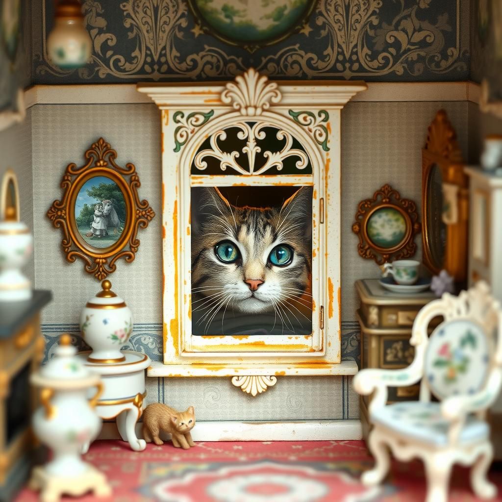 Dollhouse Interior with Cat, Whimsical Watercolor Style