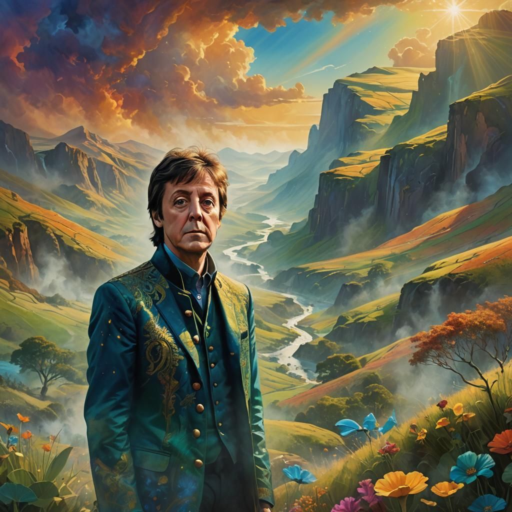 Heroic Paul McCartney in Dreamlike Art Nouveau Landscape