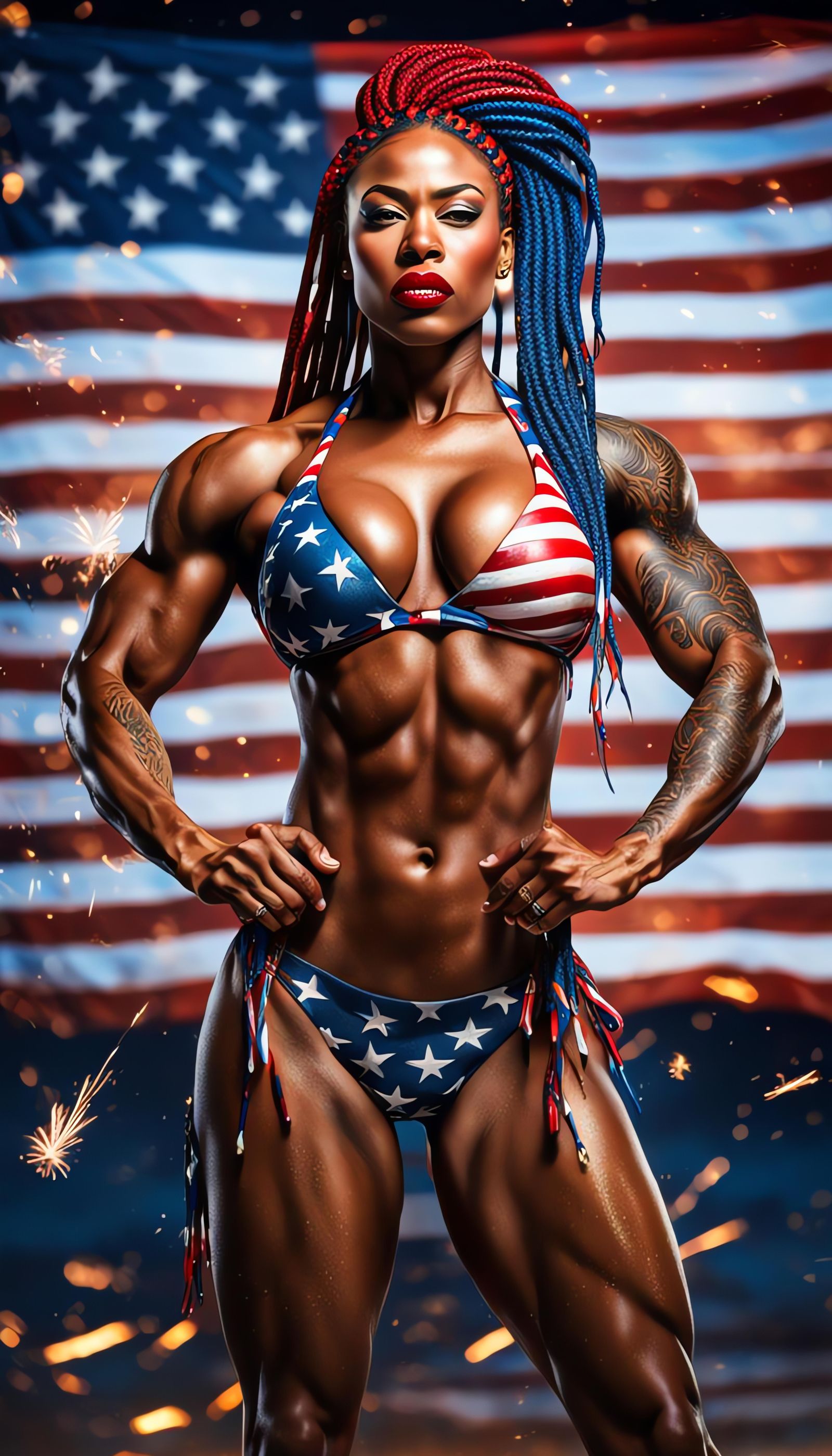 Muscular Woman in Patriotic Bikini with Fireworks