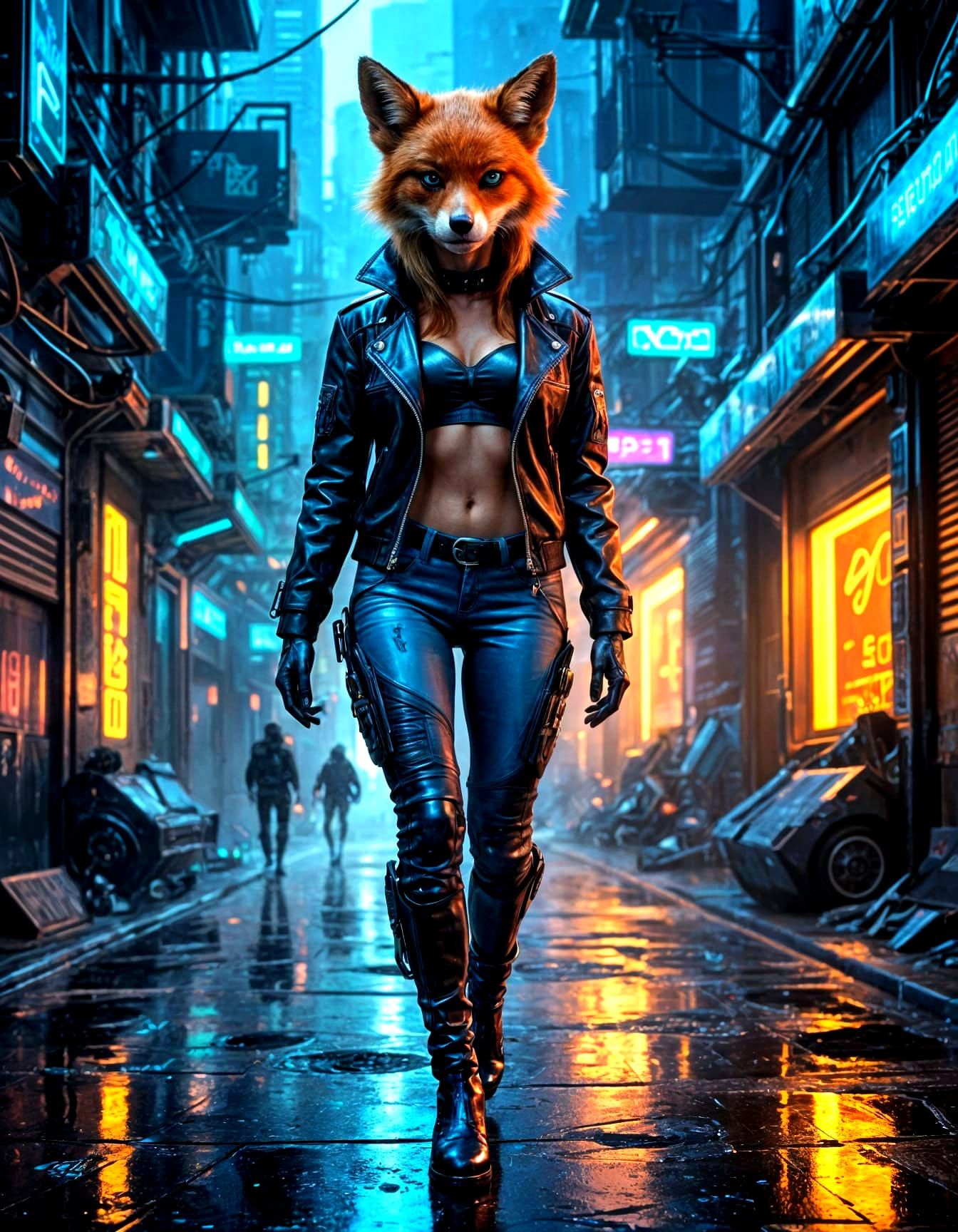 Cyberpunk Fox in Neon Alleyway