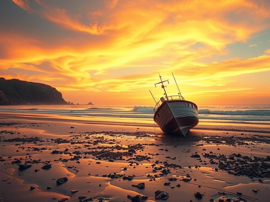 Stranded Boat at Sunset: Coastal Matte Painting