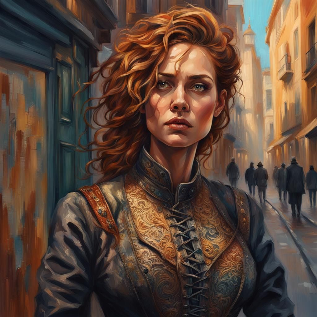 Hyperrealistic Woman in Corset Walking Down Street