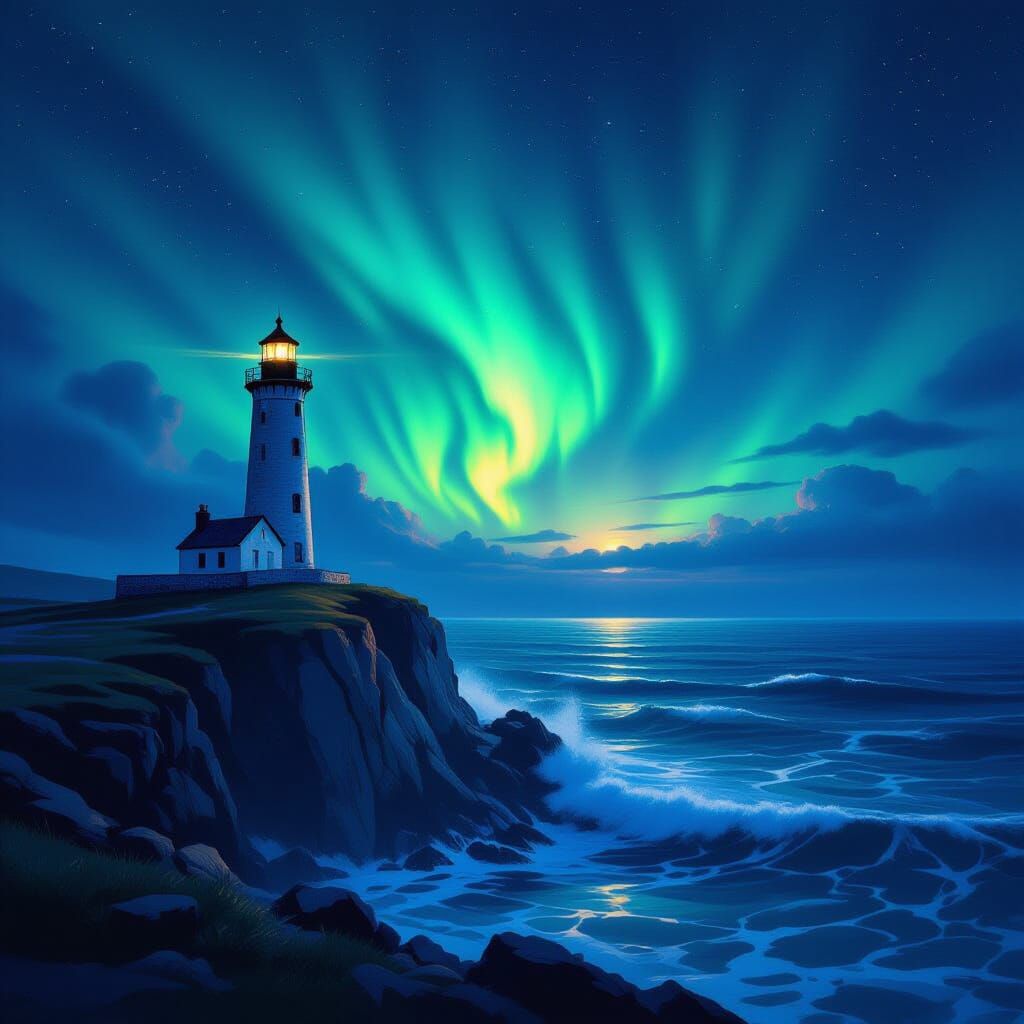 Lighthouse and Aurora Borealis Over Turbulent Sea