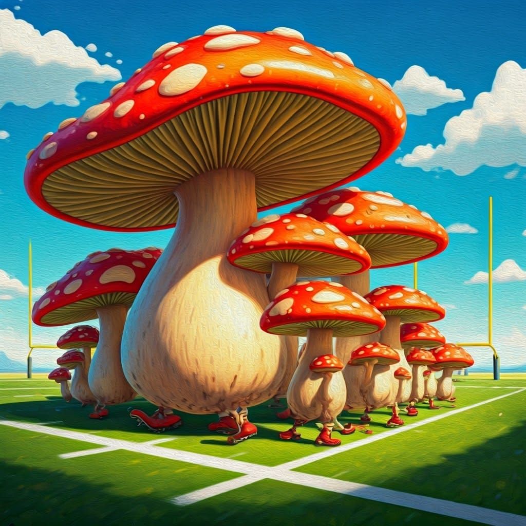 Vibrant Mushroom Marching Band on a Green Football Field