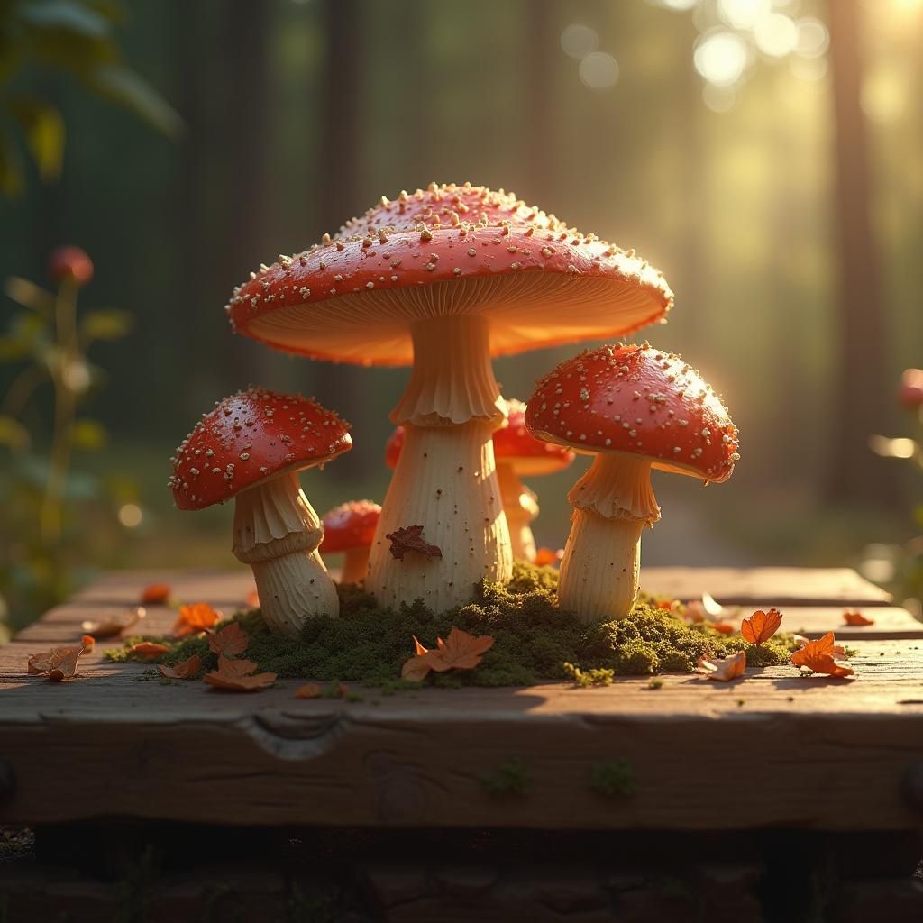 Realistic Mushrooms on Wooden Table, Fantasy Concept Art
