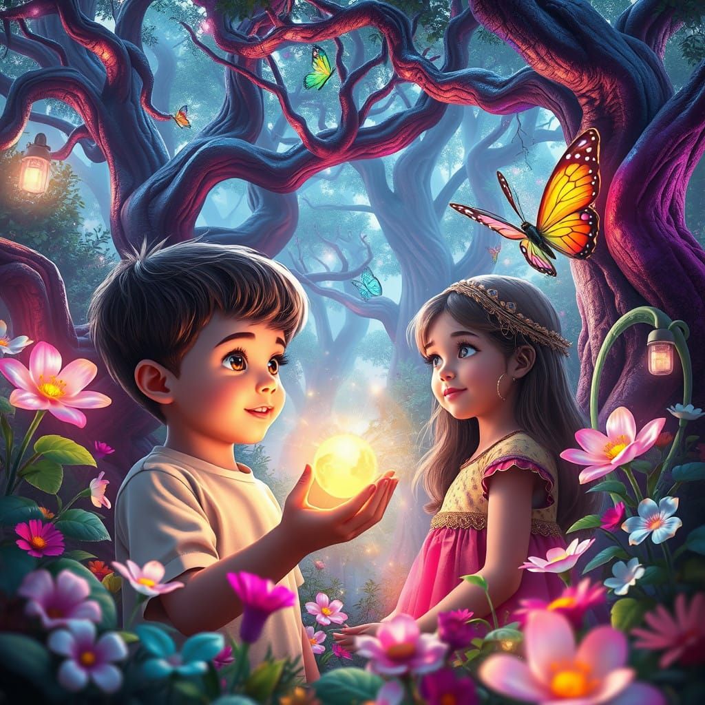 Whimsical Children in an Enchanted Parkland