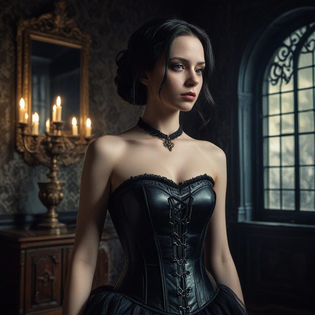 Gothic Elegance: Lady with Rifle at Victorian Mansion