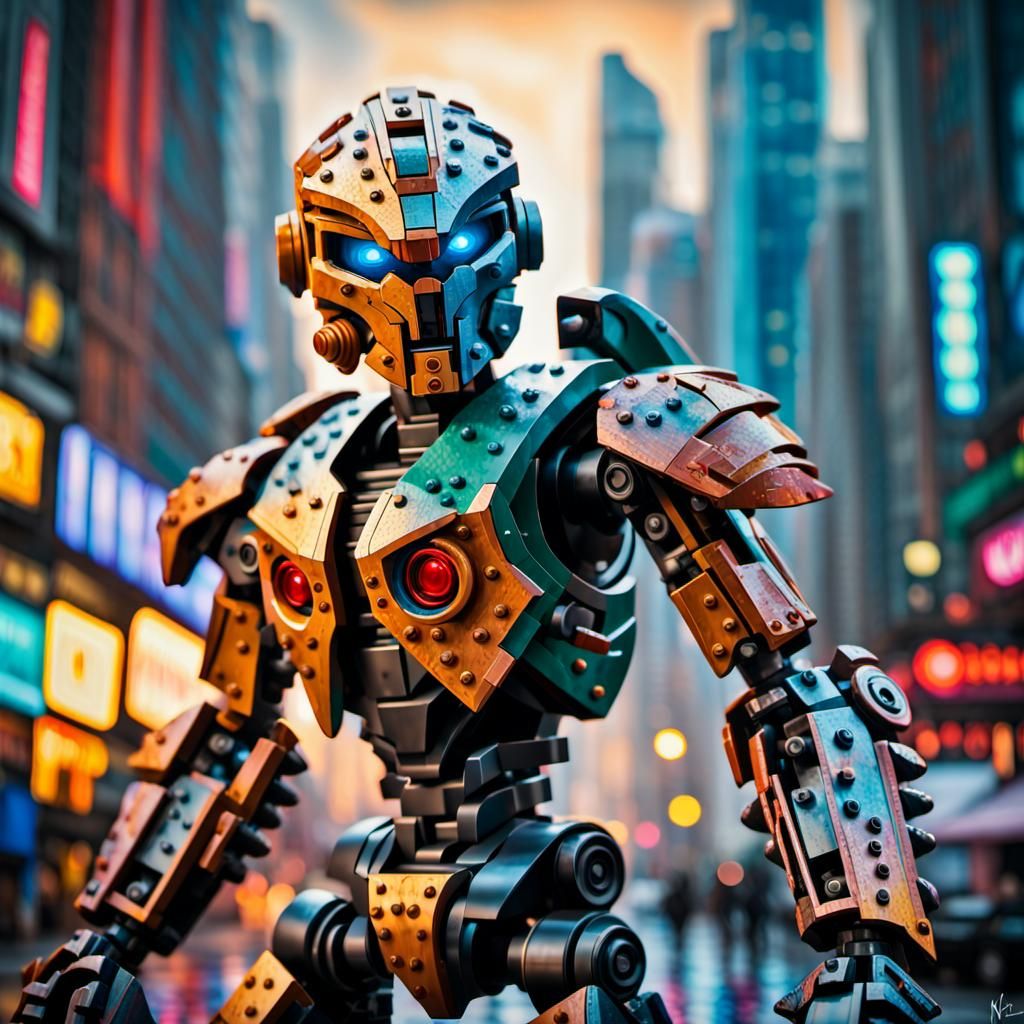 Lego Bionicle in Cyberpunk City, Hyperrealistic Art