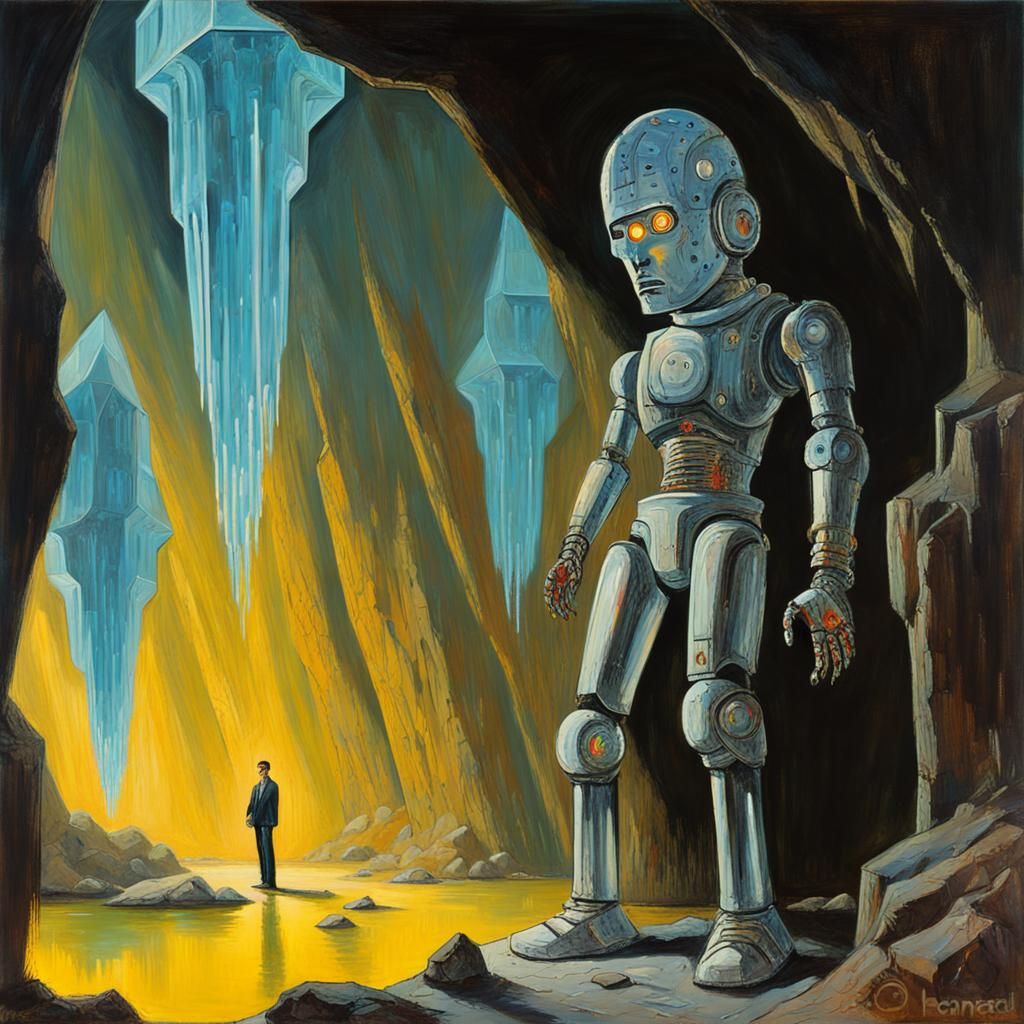 Cyborg Robot in a Crystalline Cave: Pop Art Oil Painting