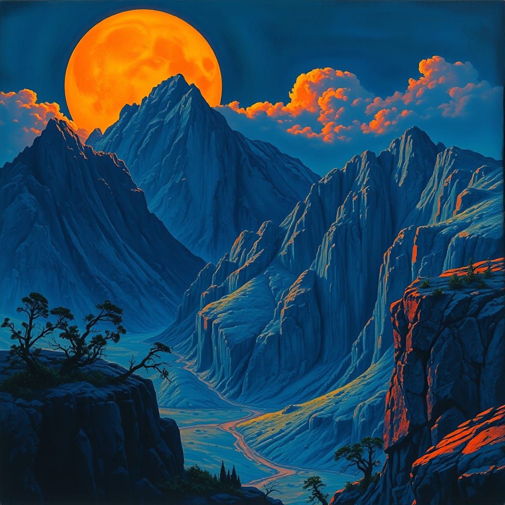Brutalist Landscape Under Deep Blue and Orange Moon