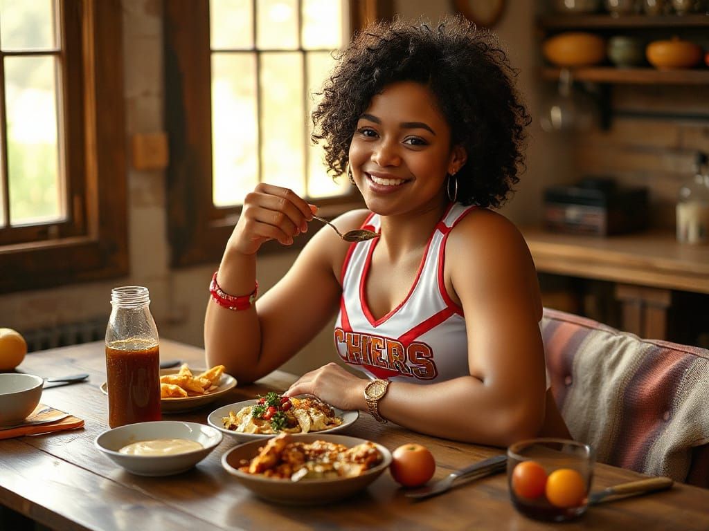 Cheerleader Enjoying Meal in Art Nouveau Style