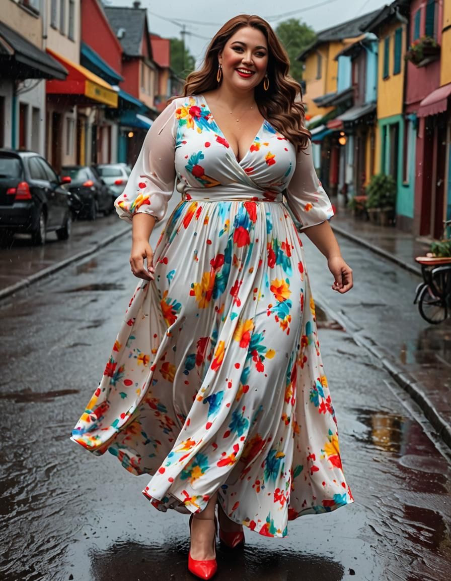 Charming Woman in Rainy Village, Pop Art Style