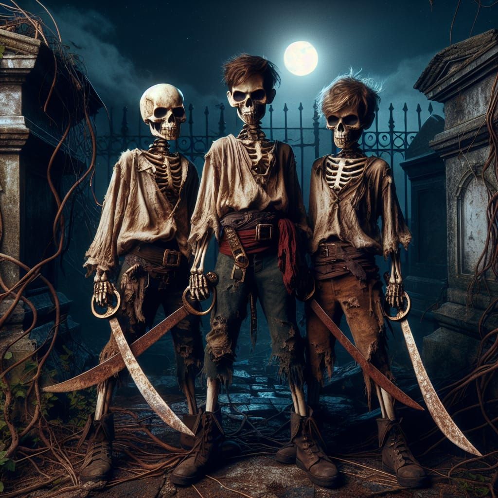 Skeletal Pirate Boys in Graveyard Moonlight