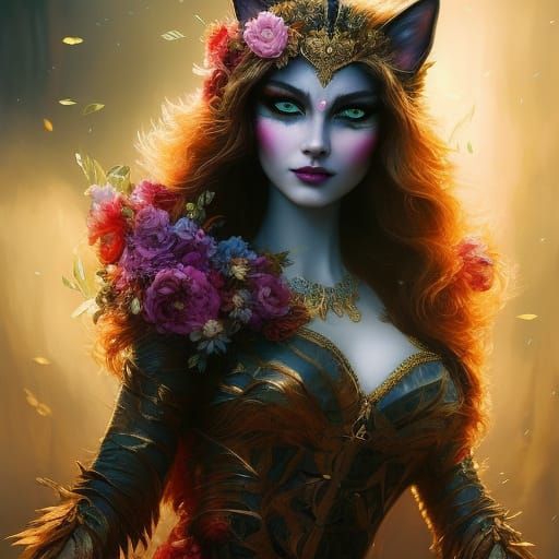 Cat Girl with Dragon in Lake, Digital Illustration