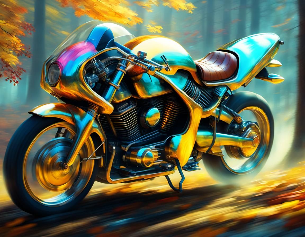 Futuristic Motorcycle Speeds Through Autumn Forest