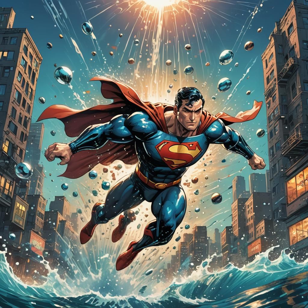 Aquasuperman Flies Through Underwater City: Comic Book Art