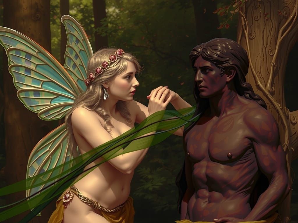 Fairy Woman and Adonis Statue in Sunlit Forest
