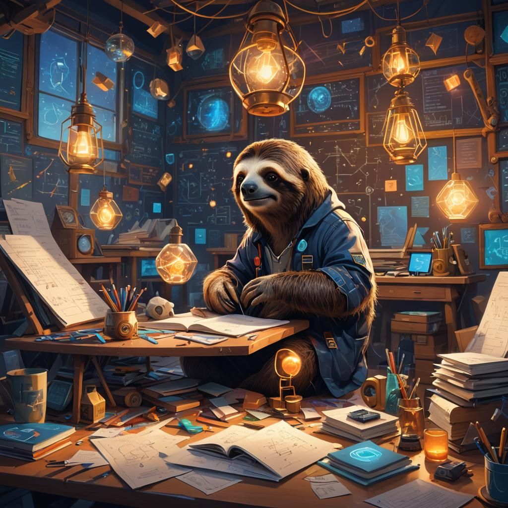 Sloth Mathematician in a Cozy Fantasy Art